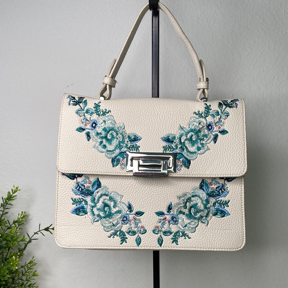 White House Black Market Floral Embroidered Crossbody Satchel Cream, Blue, Green